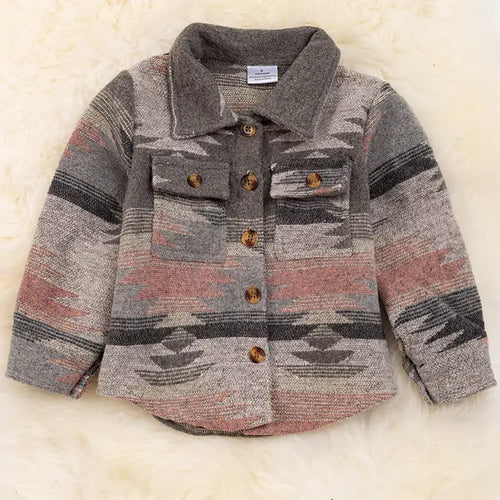 Girls Pink & Gray Aztec Printed Shacket