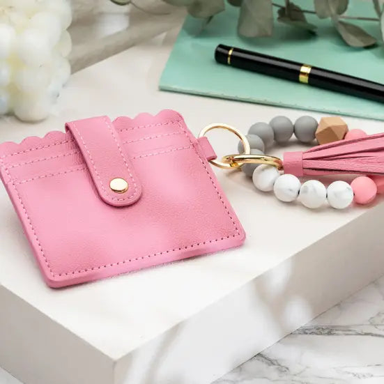 Leather Keychain Wallet With Wristlet Bangle Bracelet Pink