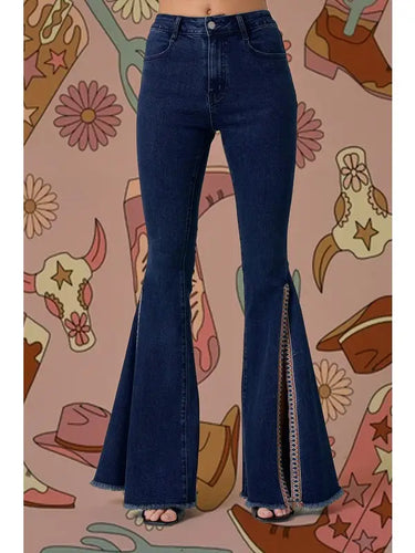 Aztec Trim Slit Open Front Denim Flare Bell Bottom