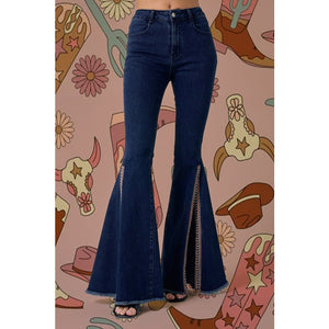 Aztec Trim Slit Open Front Denim Flare Bell Bottom