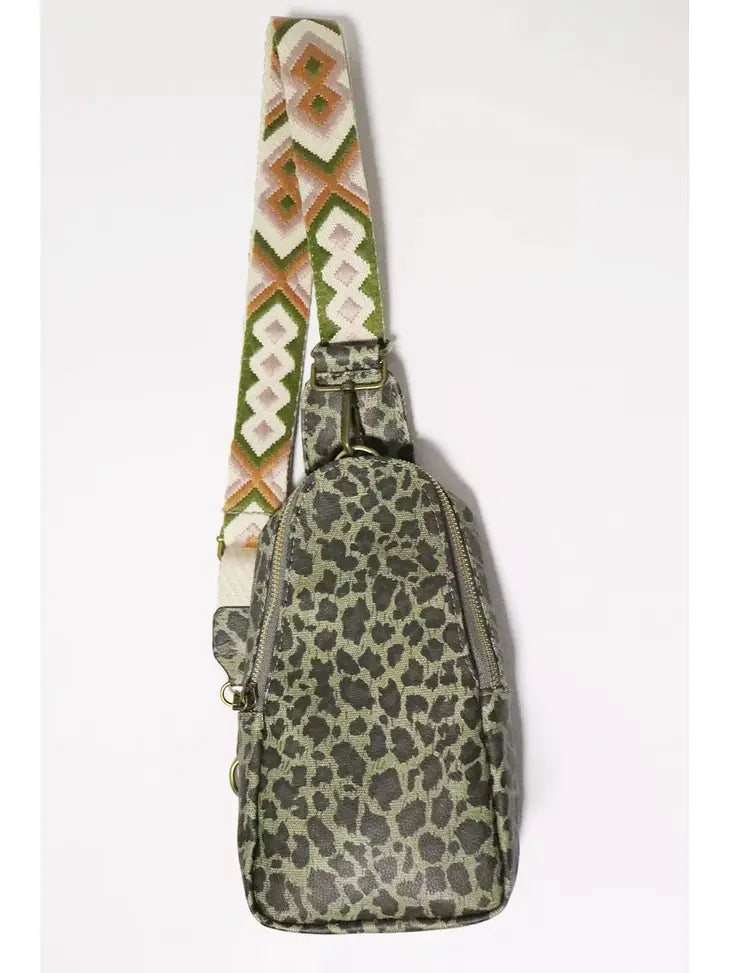 Aztec Strap Detail Leopard Print Crossbody