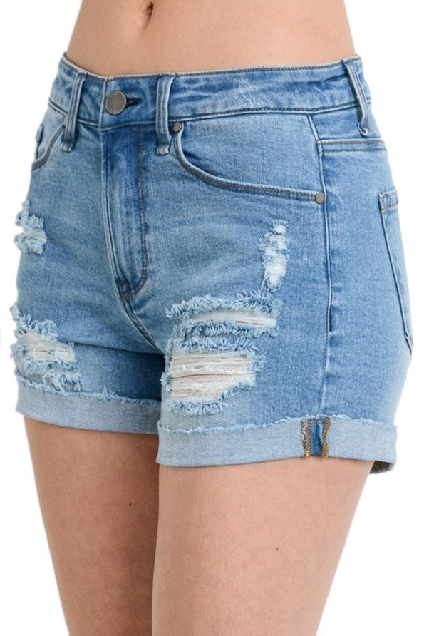 Mid Rise Distressed Denim Shorts