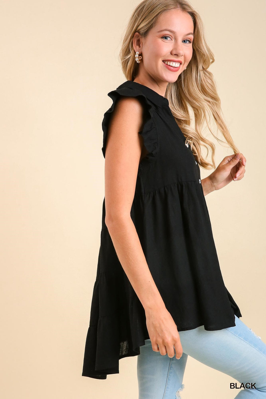 Collared Button Down Linen Tunic Top with Tiered Back