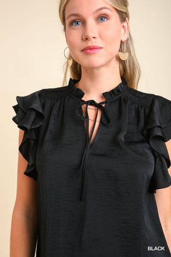 Satin Drawstring Blouse with Smocked Detail