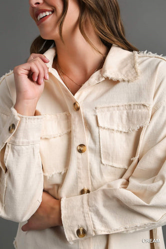 Lightweight Cotton Overshirt Jacket with Tortoise Shell Button & Frayed Hem Details