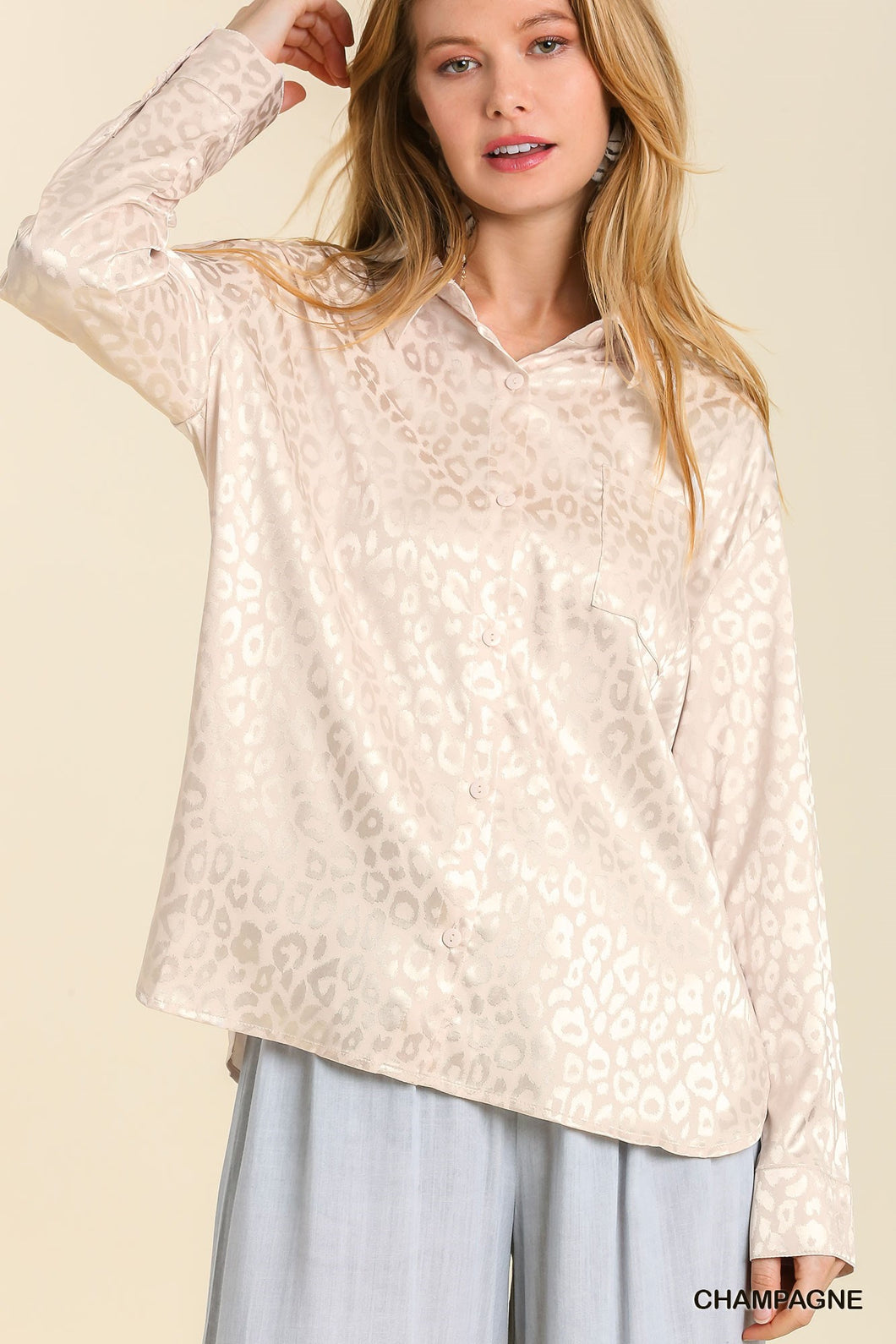 Animal Jacquard Print Button Up Long Sleeve Top