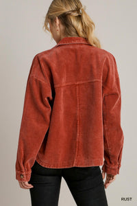 Solid Stone Washed Corduroy Collared Button Down Jacket