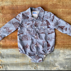 Boys Long Sleeve Farm Print Pearl Snap