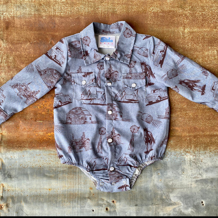 Boys Long Sleeve Farm Print Pearl Snap