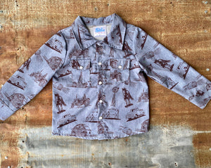 Boys Long Sleeve Farm Print Pearl Snap