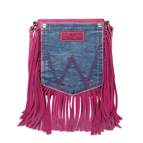 Wrangler Leather Fringe Jean Denim Pocket Crossbody