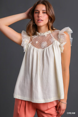 Ruffle Sleeve Top with Floral Lace Details