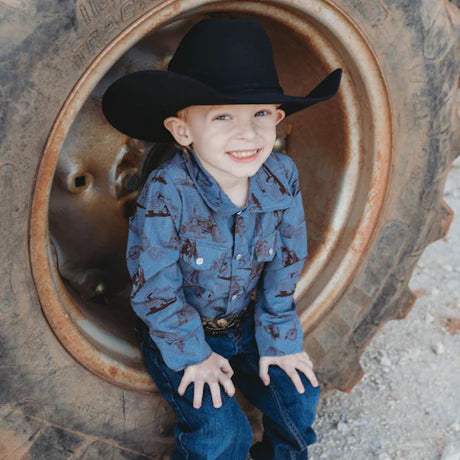 Boys Long Sleeve Farm Print Pearl Snap