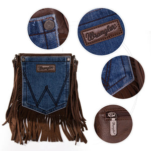 Wrangler Leather Fringe Jean Denim Pocket Crossbody - Coffee