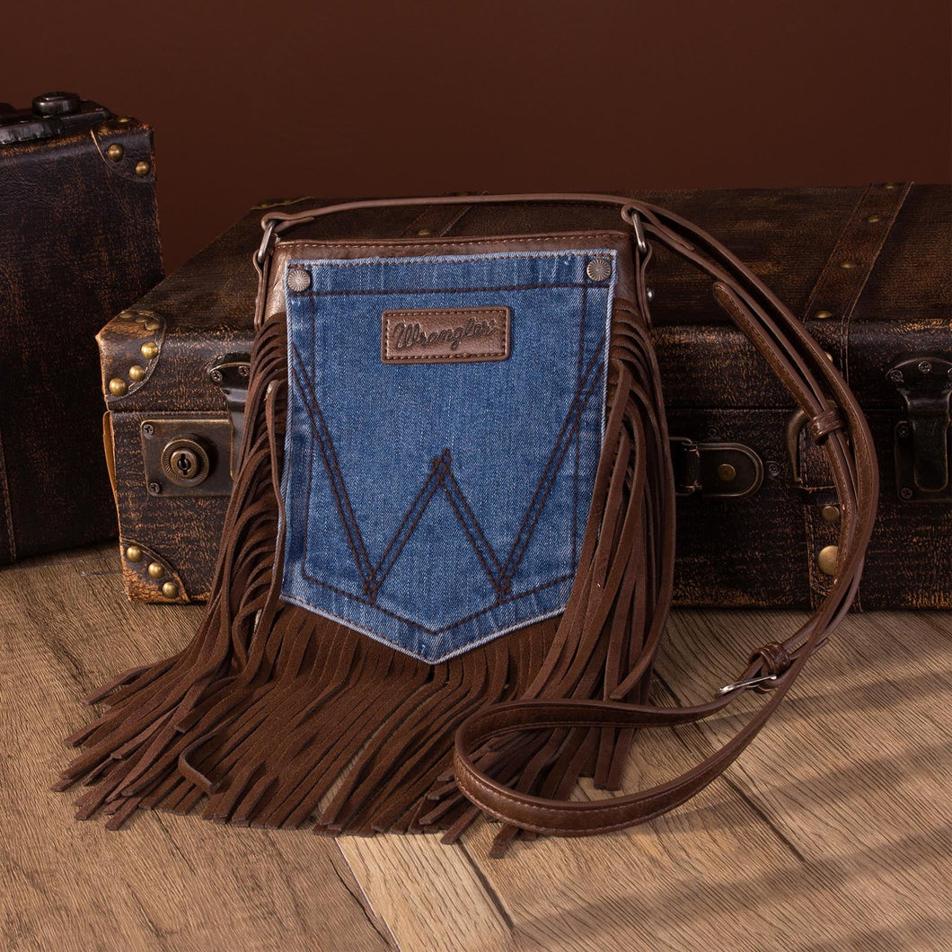 Wrangler Leather Fringe Jean Denim Pocket Crossbody - Coffee