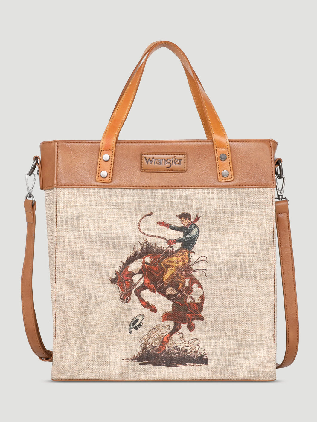 Wrangler Art Print Canvas Tote/Crossbody- Tan