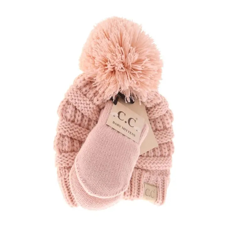 BABY Solid Knit Pom C.C Beanie with Mitten set