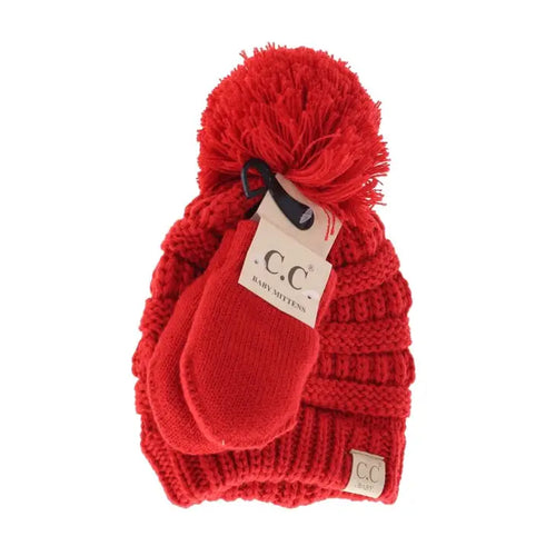 BABY Solid Knit Pom C.C Beanie with Mitten set