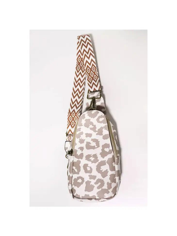 Aztec Strap Detail Leopard Print Crossbody Cream