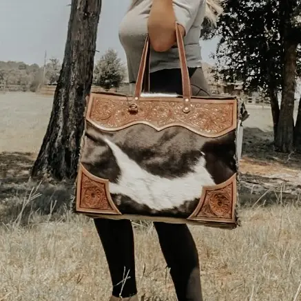 Cowhide and tooled leather Weekender Bag